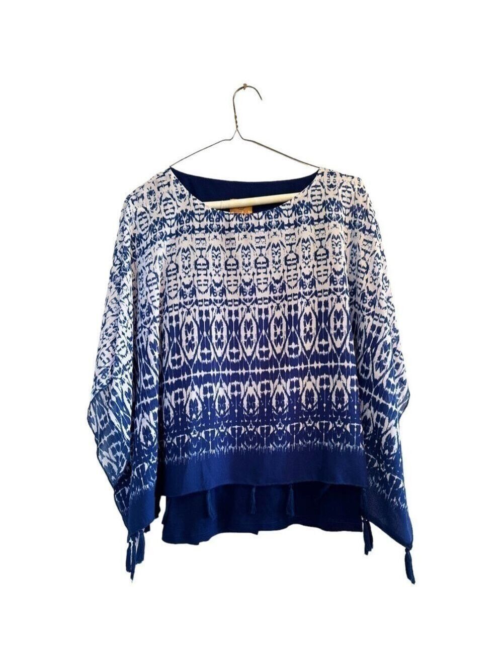 Ruby Rd. Boho Abstract Tunic Blouse Blue & White Kimono Sleeves, PETITE Medium - Picture 13 of 15